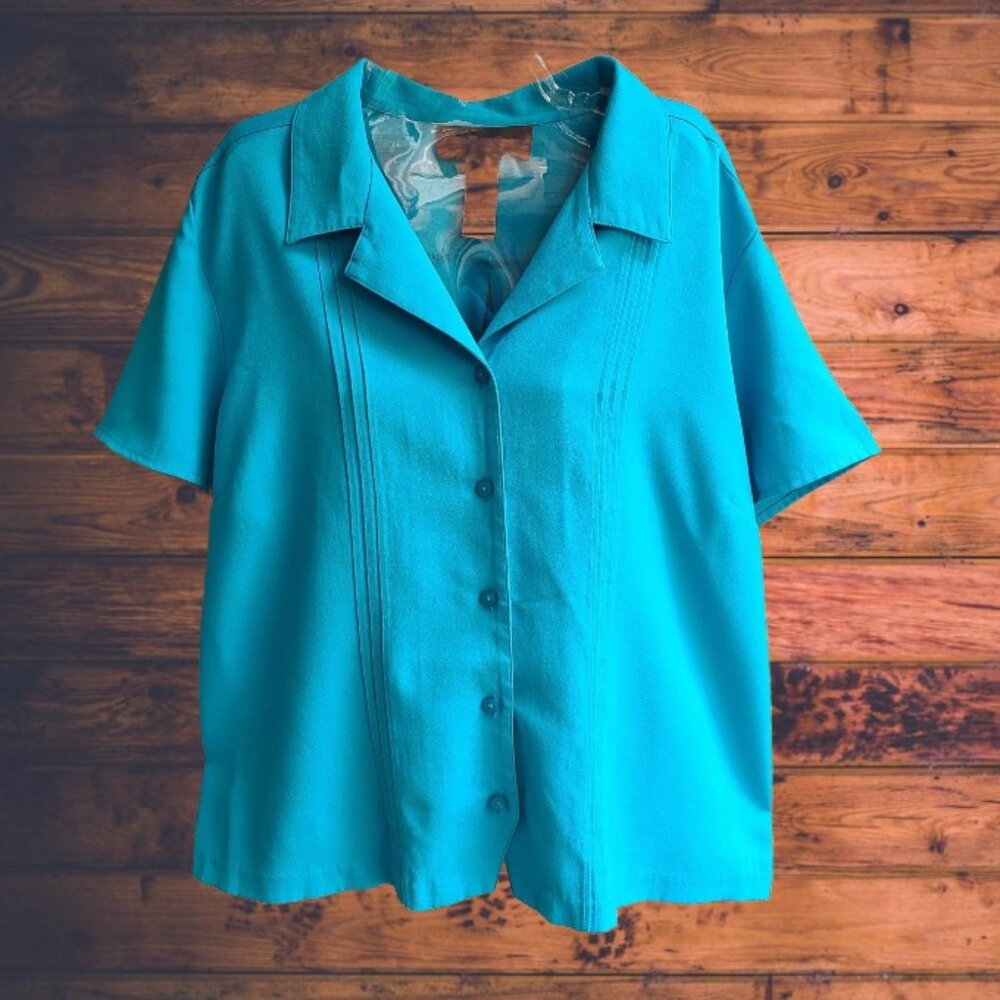 Sag Harbor Womens Top Blouse Button Front Short Sleeves Pleated Blue Size XL
